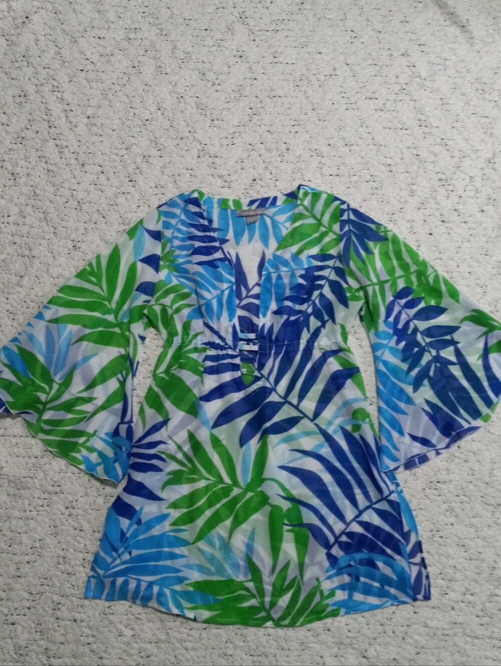 Peppermint Leaf-Print V-Neck Tunic Top Cover Up in Blue & Green Size S - Picture 2 of 10